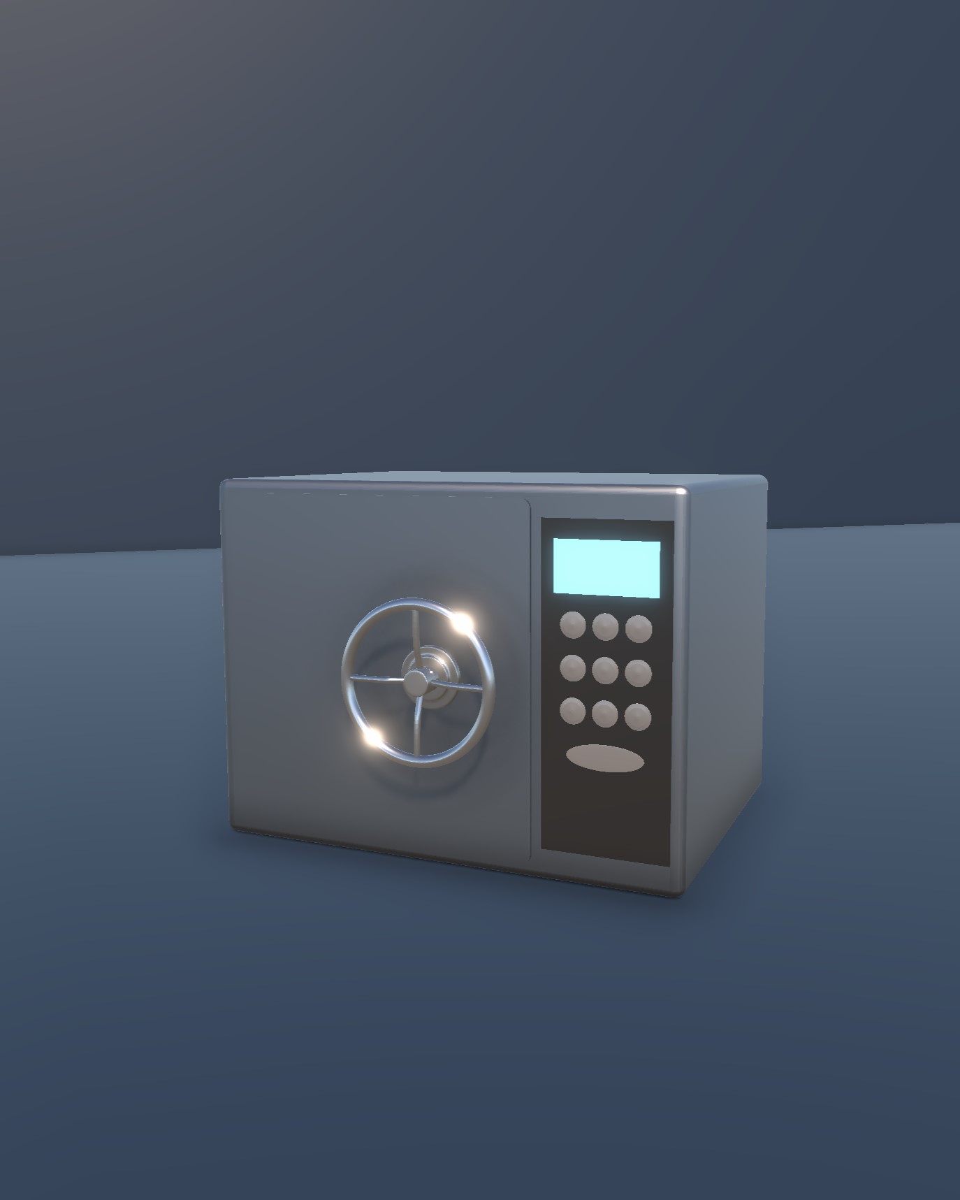 3D-modellierter grauer Tresor mit Pincode-Eingabe und silbernem Drehrad. Mitternachtsblauer Hintergrund.